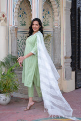 Sage Green Brocade Kurta-Pant & Dupatta Set With Sequins