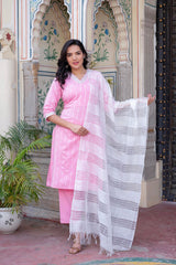 Pink Brocade Kurta-Pant & Dupatta Set With Sequins & Tassels