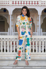 Multicolor Abstract Printed Co-Ord Set In White Base