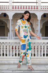 Multicolor Abstract Printed Co-Ord Set In White Base