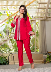 Red Embroidered V-Neck Co-Ord Set With Straight Pants