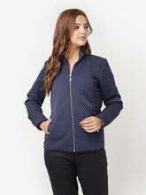 Navy Blue Quilted High-Neck Jacket For Women
