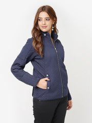 Navy Blue Quilted High-Neck Jacket For Women