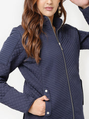 Navy Blue Quilted High-Neck Jacket For Women