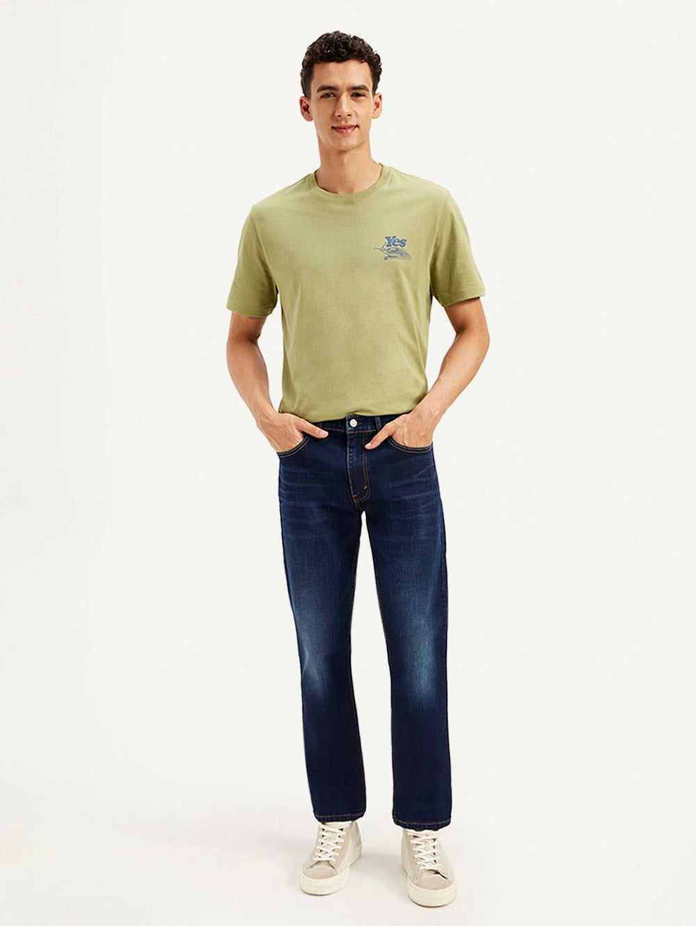 Men's Levi's 511 dark blue slim fit mid-rise jeans, shown folded with pockets and belt loops visible.