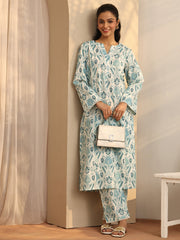 Blue printed cotton A-line Kurta set for ladies, includes top and bottom, by Libas, stylish Western Kurti 2-piece ensemble.