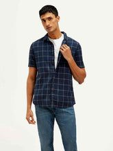 Levis men's checkered slim fit linen shirt, casual upper wear, featuring a checkered pattern and slim fit design.