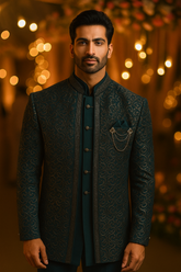 ?? Regal Teal Brocade Jodhpuri Suit/Achkan Set (3-Piece)