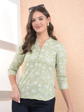 Green Floral Print V-Neck Linen Top