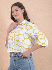 Printed 100% Cotton Yellow Crop Shirt With Extended Sleeves