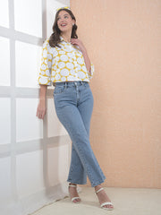 Printed 100% Cotton Yellow Crop Shirt With Extended Sleeves