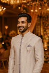 ? Elegant Ivory & Lavender Embroidered 3-Piece Sherwani Set Perfect for Weddings & Festive Occasions ?