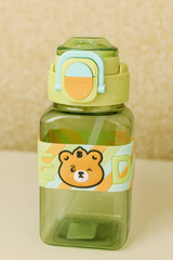 Cute Bear Design Kids Water Bottle With Straw – Leak-Proof Bpa-Free Bottle (Green & Orange)