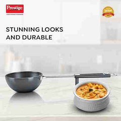 Prestige Hard Anodised Cookware Tadka Pan | Black | 13cm | | Perma Cool Bakelite Handle | in-Built Stand | Metal Spoon Friendly