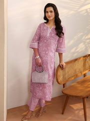 Mauve Printed Cotton Straight Kurta Set