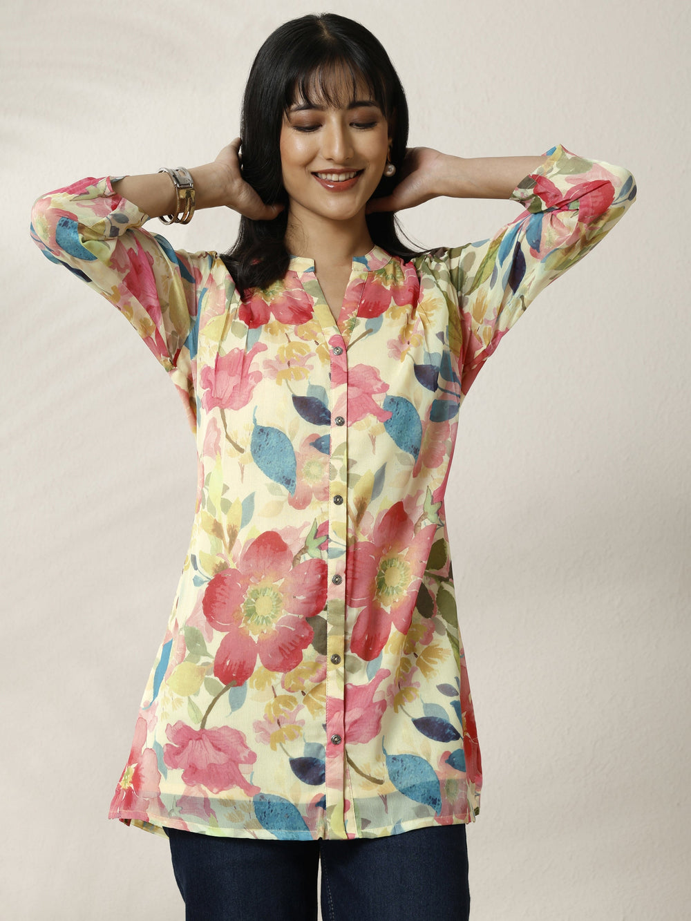 Off White printed chiffon straight short Kurti for ladies, stylish traditional Western wear by Libas.