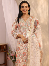 Libas printed Chinon straight kurta set for women, off-white with traditional print, includes matching dupatta and straight pants.