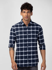Men Navy Blue Cotton Slim Fit Checkered Shirt