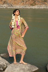 Ladies Moca Green Printed Pure Viscose Handwork Kaftan Dress Free Size