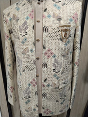 Contemporary Ivory Jodhpuri Coat With Multicolor Thread & Bird Motif Embroidery
