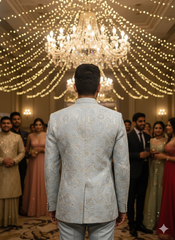 Men'S Icy Blue Geometric Embroidered Jodhpuri Suit With Inner Vest