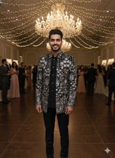 Men'S Ivory & Black Bandhgala Coat Suit