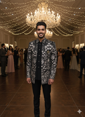 Men'S Ivory & Black Bandhgala Coat Suit