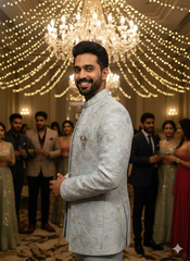 Men'S Icy Blue Geometric Embroidered Jodhpuri Suit With Inner Vest