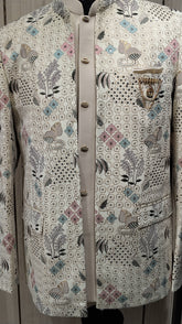 Contemporary Ivory Jodhpuri Coat With Multicolor Thread & Bird Motif Embroidery