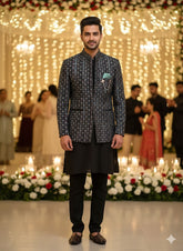 Classic 3-Piece Black & Blue Textured Indo-Western Set for Men