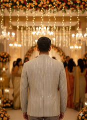 Ivory Striped 3-Piece Indo-Western Coat Set The "Starlight Weave" Sequin & Lavender Jodhpuri Set