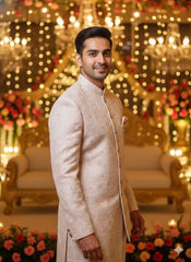 Dusky Rose Sherwani with Geometric & Floral Zari Work: Modern Opulence