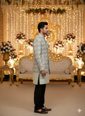 Mint Green Geometric Bandhgala 3-Piece Set Indo-Western Set for Men