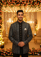 Black Metallic Embroidered 3-Piece Indo-Western Coat Set