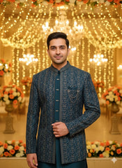 ?? Regal Teal Brocade Jodhpuri Suit/Achkan Set (3-Piece)