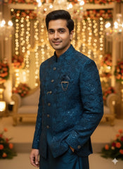 Peacock Blue Sequined Jodhpuri Set with Swirl Motif Luxury 3-Piece Teal Blue Indo-Western Set for Men