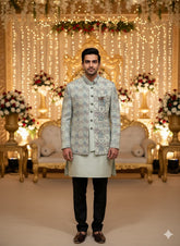 Mint Green Geometric Bandhgala 3-Piece Set Indo-Western Set for Men