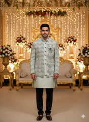 Mint Green Geometric Bandhgala 3-Piece Set Indo-Western Set for Men