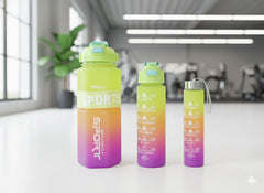 Gradient Green-Orange-Purple Sports Water Bottle Set – 600Ml, 1000Ml & 2000Ml Bpa-Free Motivational Bottles With Straw & Time Markings