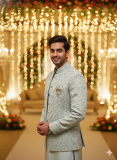 Pistachio Geometric Jodhpuri Set with Gold Accents