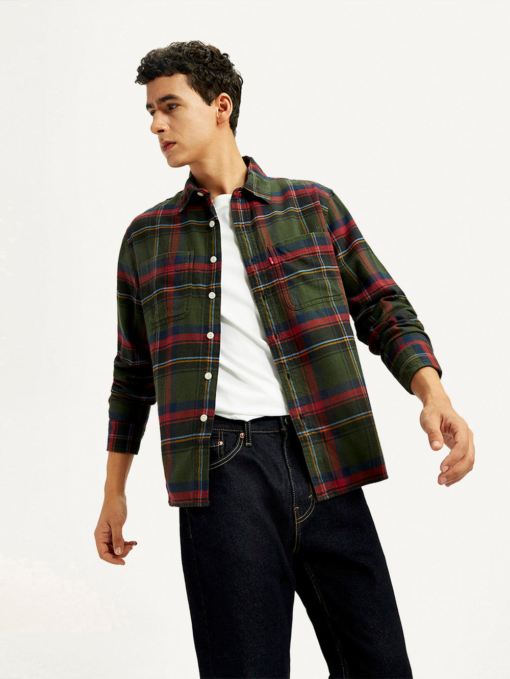 Levi's men's multicolor plaid flannel shirt with spread collar, casual style, featuring classic pattern and soft fabric.