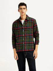 Levis men's multicolor plaid flannel shirt with spread collar, casual style, shown on a model.