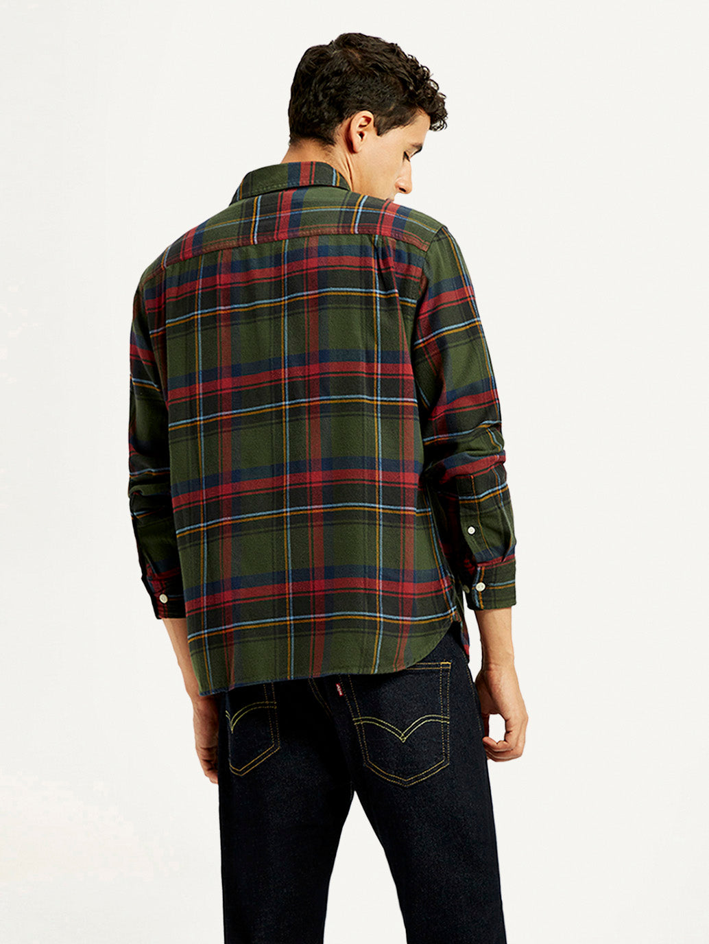 Back view of Levi's men's multicolor plaid flannel shirt with spread collar, casual style, showing the plaid pattern and relaxed fit.