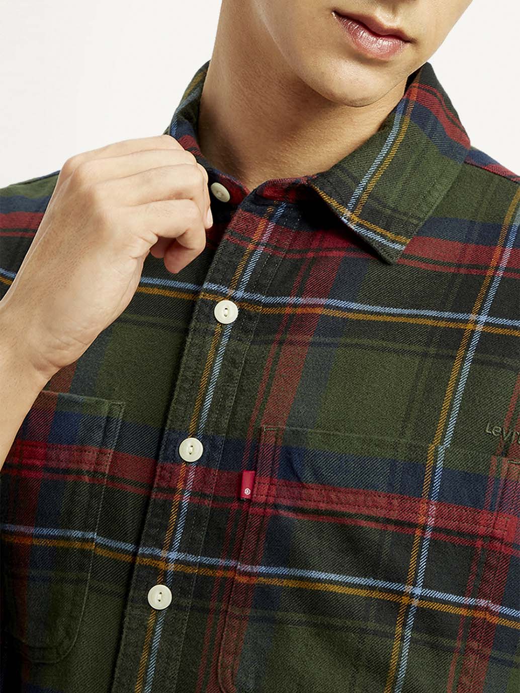 Levis men's multicolor plaid flannel shirt with spread collar, casual style, shown in close-up detail.