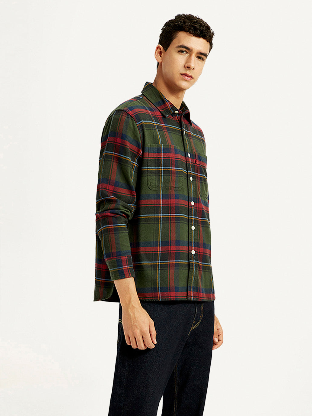 Levis men's multicolor plaid flannel shirt with spread collar, casual style, shown from the side.