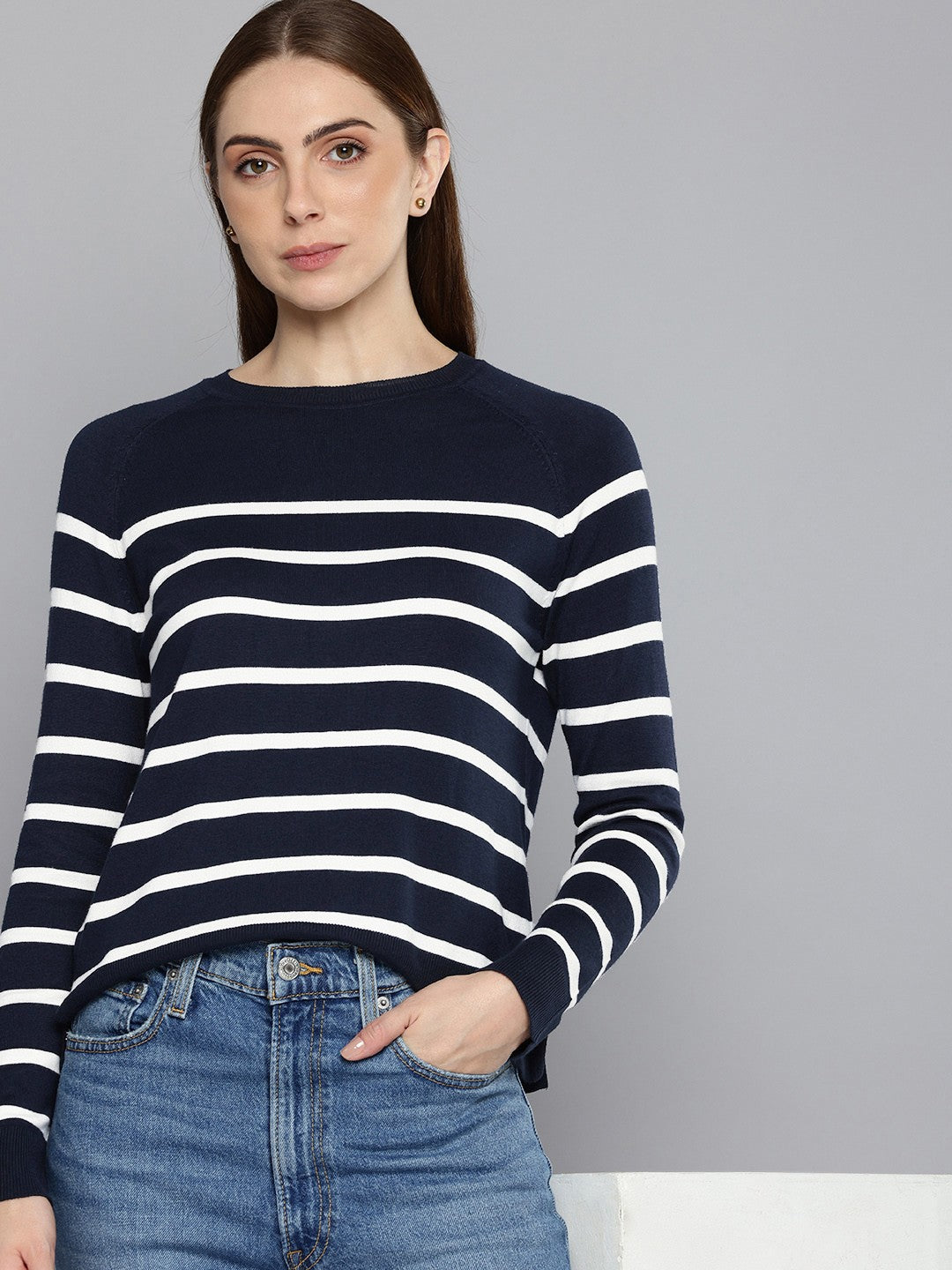 Women'S Striped Navy Crew Neck Sweater