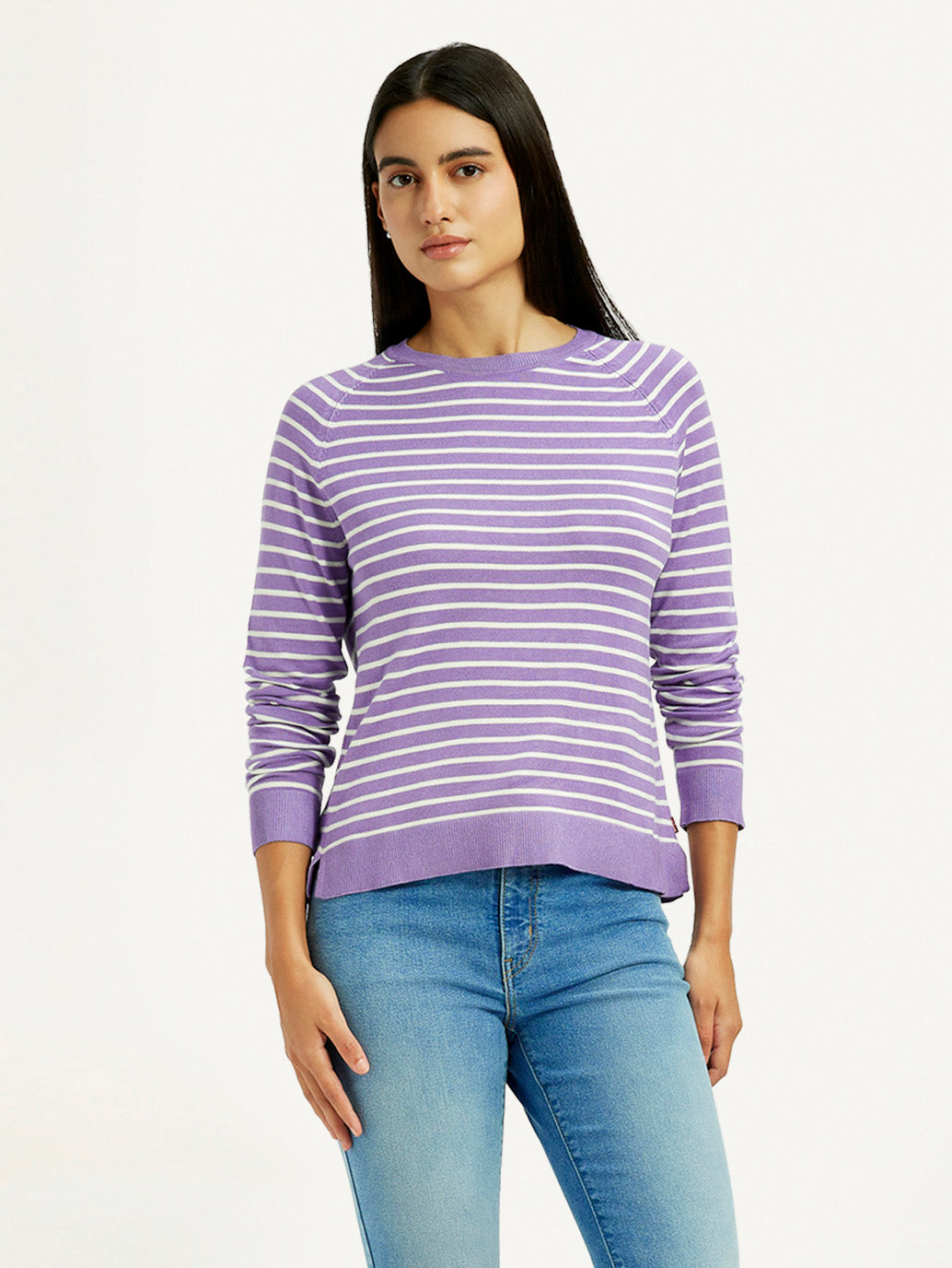 Women'S Striped Lavender Crew Neck T-Shirt