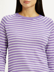 Women'S Striped Lavender Crew Neck T-Shirt