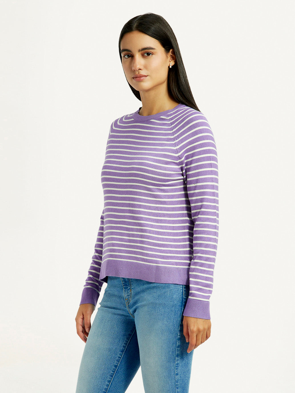 Women'S Striped Lavender Crew Neck T-Shirt