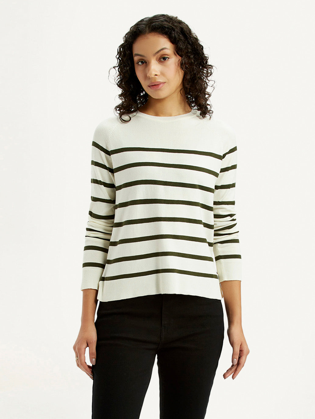 Levi's women's striped off-white crew neck t-shirt, stylish western top with horizontal white and dark stripe pattern.